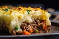 Macro shot of a freshly baked Shepards pie being served, highlighting its perfectly crisp and golden-brown mashed potato topping