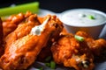 Macro shot of fried chicken wings coated in a spicy buffalo sauce and garnished with sliced celery and blue cheese dressing