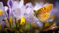 Macro Shot Of Gatekeeper Butterfly On Crocus: Stunning Yellow Jacket Photography