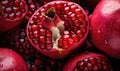 Macro shot of a glistening pomegranate, showcasing its vibrant red hue. Created by AI