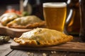 Macro shot of a golden-brown empanada with a flaky crust and a delicious filling oozing out