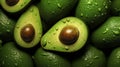 A macro shot of a green avocados with water droplets on it. Avocado is cut in half and whole. Banner or background for Royalty Free Stock Photo