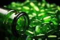 macro shot of green cannabis pills in a glass bottle