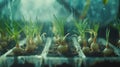 Green Onion Seedlings Sprouting in Soil Under Sunlight and Rain Drops Royalty Free Stock Photo