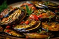 macro shot of grilled eggplant slices topped with a spoonful of ratatouille and garnished with fresh herbs and spices