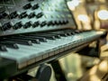 Macro shot hand playing on the synthesizer piano keys