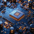 Microchip Motherboard with Glowing Circuits High Technology, Engineering, Artificial Intelligence, and Data Connectivity Concept