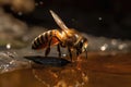 Macro Shot Of Honeybee Hovering Near Water Source. Generative AI