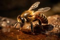 Macro Shot Of Honeybee Hovering Near Water Source. Generative AI