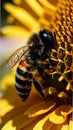 A macro shot of a honeybee on a sunflower illustration Artificial Intelligence artwork generated Royalty Free Stock Photo