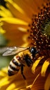 A macro shot of a honeybee on a sunflower illustration Artificial Intelligence artwork generated Royalty Free Stock Photo