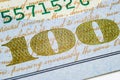 Macro shot image of the corner of a 100 dollar bill banknotes. Concept of financial success. Background of 100 dollar bills. One h Royalty Free Stock Photo