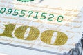 Macro shot image of the corner of a 100 dollar bill banknotes. Concept of financial success. Background of 100 dollar bills. One h Royalty Free Stock Photo