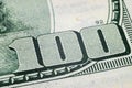 Macro shot image of the corner of a 100 dollar bill banknotes. Concept of financial success. Background of 100 dollar bills. One h Royalty Free Stock Photo