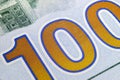 Macro shot image of the corner of a 100 dollar bill banknotes. Concept of financial success. Background of 100 dollar bills. One h Royalty Free Stock Photo