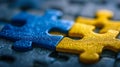 Macro shot of interlocking blue and yellow textured puzzle pieces symbolizing connection, collaboration, and problem-solving Royalty Free Stock Photo