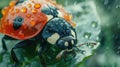 macro shot ladybug on Leaf with Water Droplets, Vivid Nature Detail Royalty Free Stock Photo