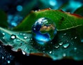 Macro shot of large Earth like drop on wet leaf Royalty Free Stock Photo