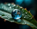 Macro shot of large Earth like drop on wet leaf Royalty Free Stock Photo