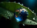 Macro shot of large Earth like drop on wet leaf Royalty Free Stock Photo