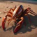 Macro shot of a lobster on the seashore. Closeup of Lobster walking on beach. National Lobster Day.