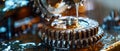A macro shot of metal gears being lubricated highlighting the maintenance and functionality in mechanical systems Royalty Free Stock Photo