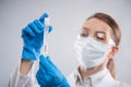 Macro shot of microbiologist in protective clothing study biological tube with vaccine on white background. Research and