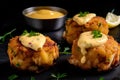 Macro shot of mini crab cakes served on a black slate with a side of mustard dipping sauce and lemon wedges