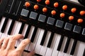 Macro shot. Musician`s hand on the keys of a midi keyboard. Sound recording, podcast. Workplace of a musician, composer. Recordin Royalty Free Stock Photo