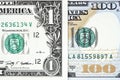 Macro shot of a new 100 dollar bill and one dollar Royalty Free Stock Photo
