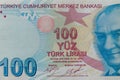 Macro shot of one hundred turkish lira banknote