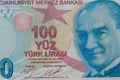 Macro shot of one hundred turkish lira banknote