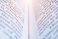 Macro shot of open book. Education and study concept. Close-up of opened book pages. Macro view of book pages. Edges of open paper Royalty Free Stock Photo