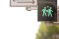 macro shot of a pedestrian traffic light modified for a LGBTQ event showing a green graphic of loving same sex gay men couple Royalty Free Stock Photo