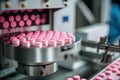 Macro shot of pink pills during production and packing, created with Generative AI technology