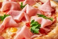 Macro shot of pizza with ham, quail eggs, tomatoes, greens on pelati sauce with melted mozzarella Royalty Free Stock Photo