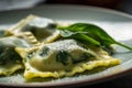 Macro shot of a plate of colorful ravioli pasta stuffed with spinach and ricotta cheese