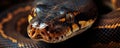 Macro shot of a python's head highlighting intricate scale details and intense gaze against a dark background Royalty Free Stock Photo