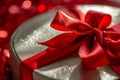 macro shot of red ribbon bow on shiny silver gift box lid Royalty Free Stock Photo