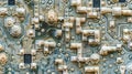 A macro shot reveals the textured surface of a printed circuit board made up of tiny bumps and ridges that interlock