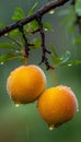 Macro shot of ripe peach with water droplets on tree, ideal for banner with copy space