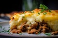 Macro shot of a serving of Shepherds Pie with a crispy potato crust and a layer of melted cheese on top