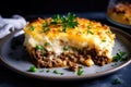 Macro shot of a serving of Shepherds Pie with a crispy potato crust and a layer of melted cheese on top