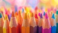 Macro shot of sharpened colored pencils with bokeh background and warm light art supplies Royalty Free Stock Photo