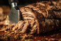 Macro shot of shawarma meat being sliced by a sharp knife, revealing the succulent texture and marbled layers of fat and spices