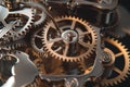 macro shot of shiny steel gears meshing in a modern mechanical clock