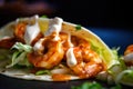 Macro shot of a shrimp taco with a soft flour tortilla, featuring a close-up of the plump and succulent grilled shrimp