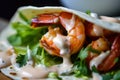 Macro shot of a shrimp taco with a soft flour tortilla, featuring a close-up of the plump and succulent grilled shrimp