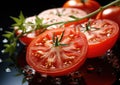 Macro shot of sliced fresh tomatoes on bright reflective background with tomato leaves