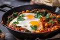 Macro Shot of a Spicy Shakshuka with Chickpeas and Spinach